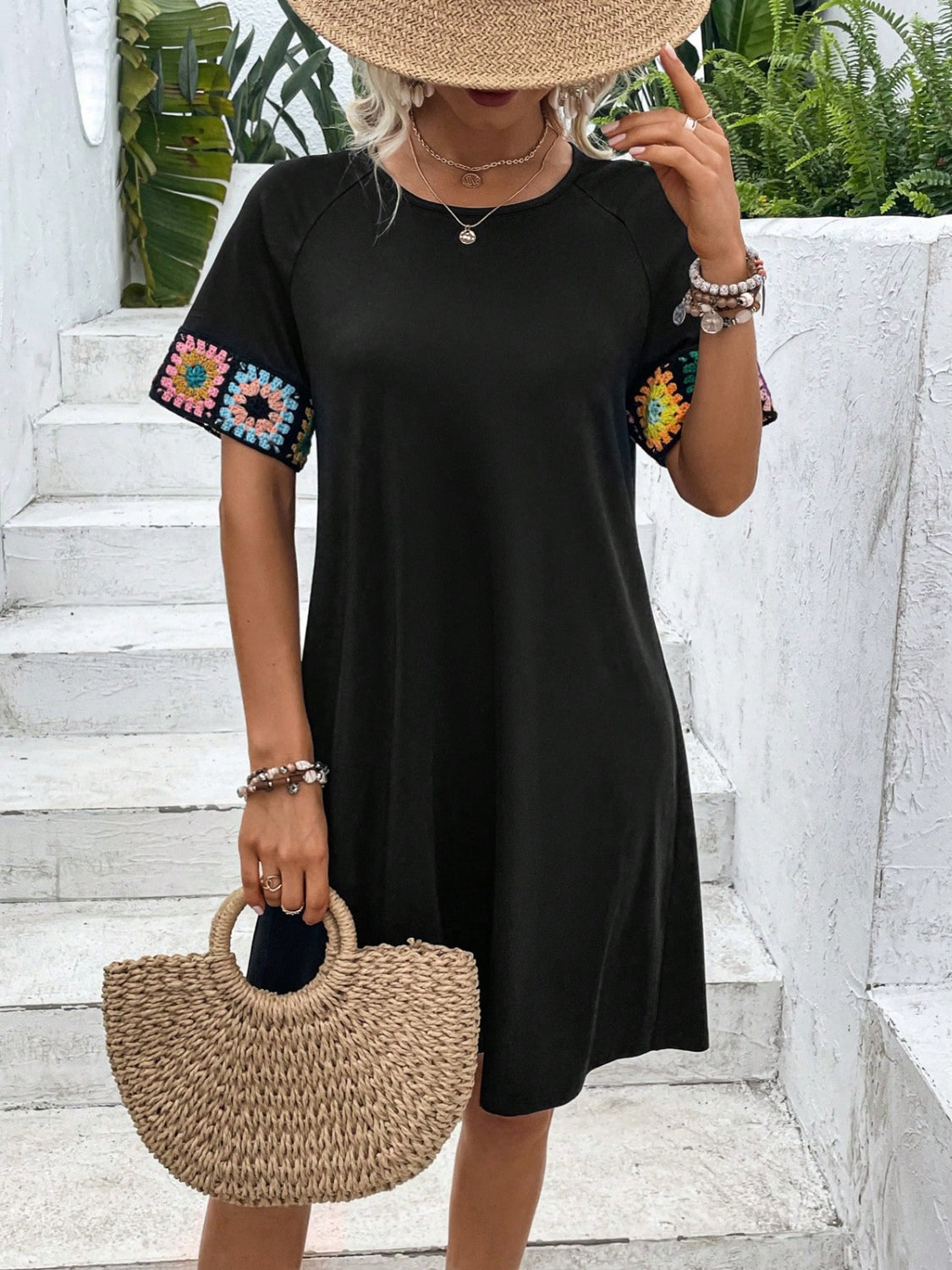 Embroidered Round Neck Short Sleeve Dress