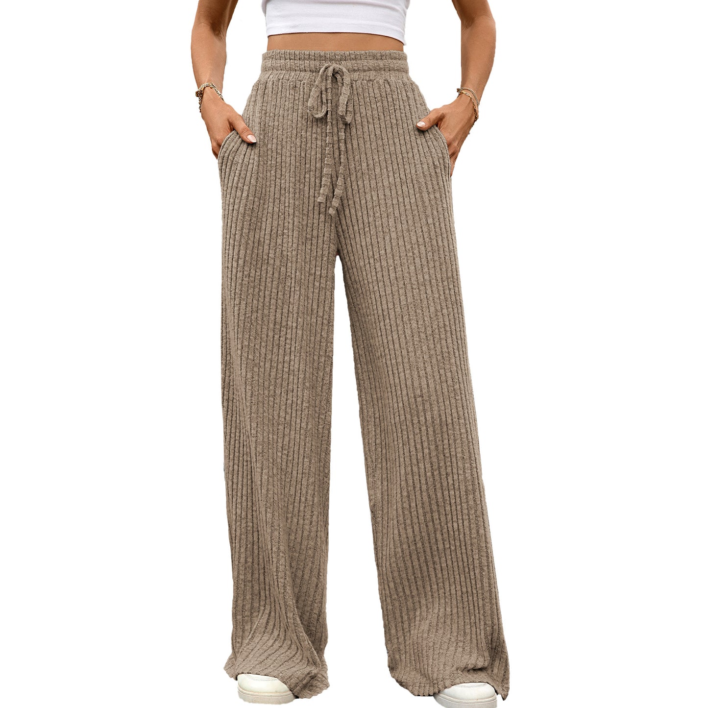Multi-color Drawstring Loose Sunken Stripe Straight-leg Trousers