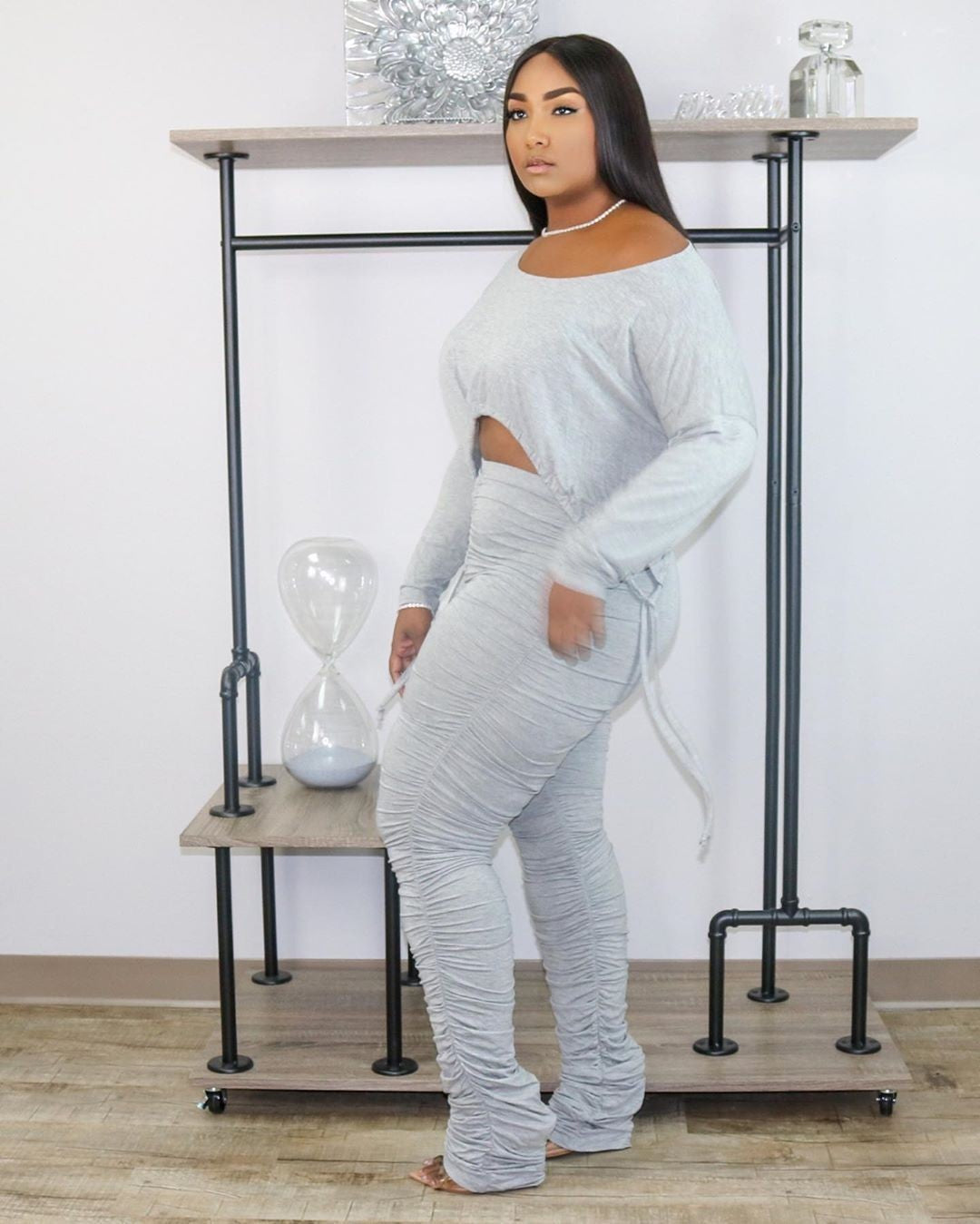 Round Neck Pleated Drawstring Long Sleeve 2-piece Suit