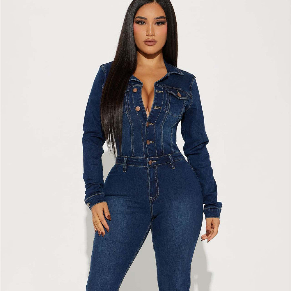 Slim Fit Stretch Denim Jumpsuit
