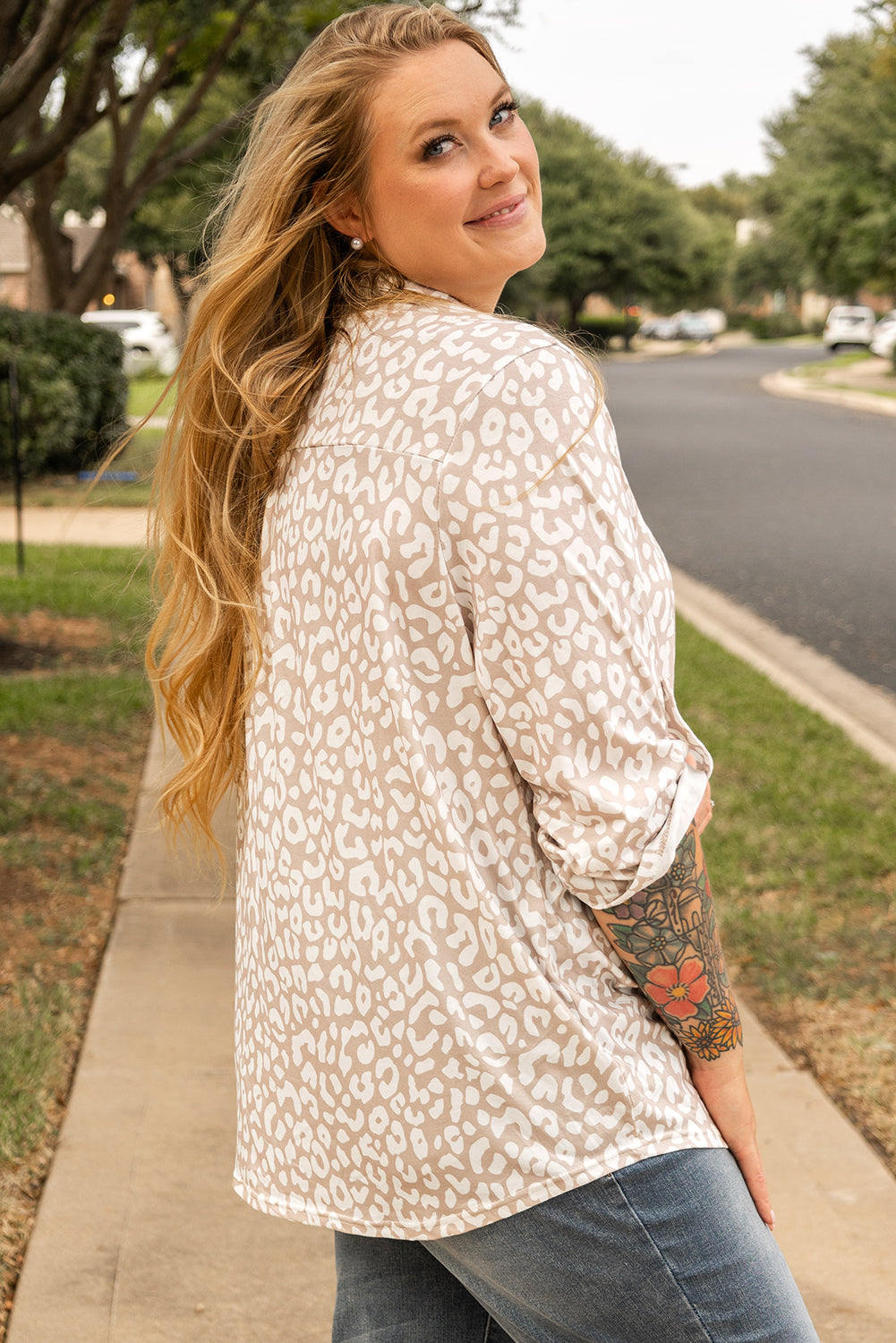Apricot Leopard Tab Sleeve V Neck Top