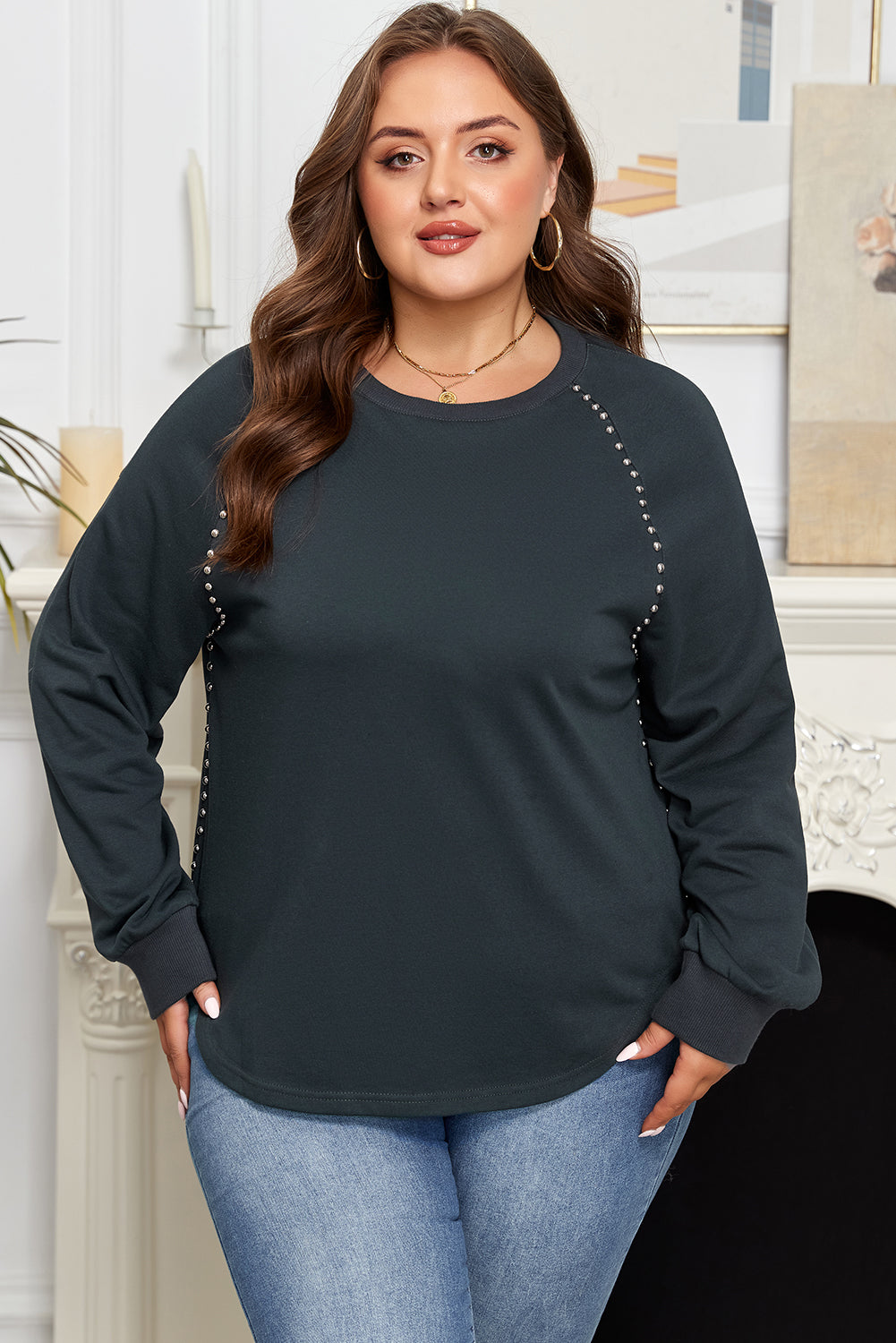 Black Studded Decor Ribbed Edge Mineral Wash Jumper