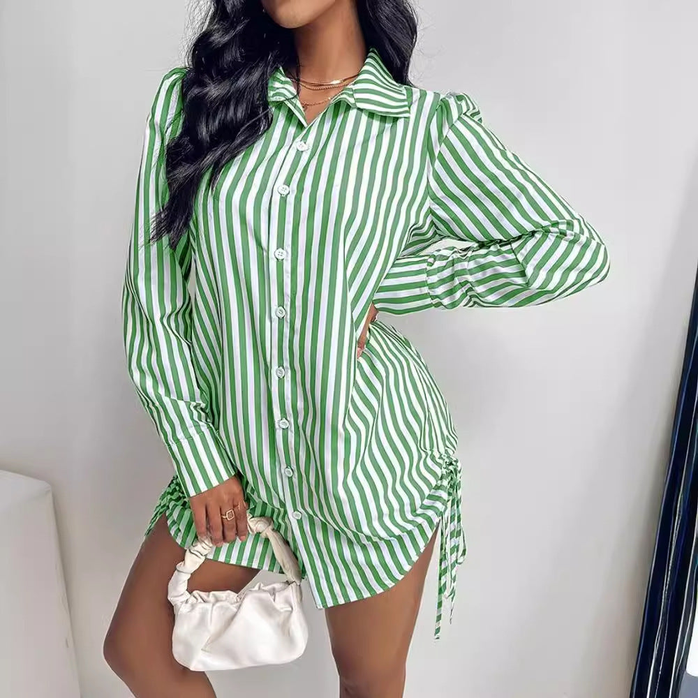 Color Contrast Striped Long Sleeve Lapel Shirt Dress