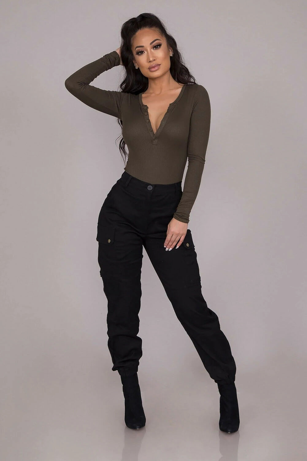 Stylish Women Cargo Pants High Waist Black Pants Button Pockets Design Gothic Style Trousers Solid Color Long Trouser plus Size