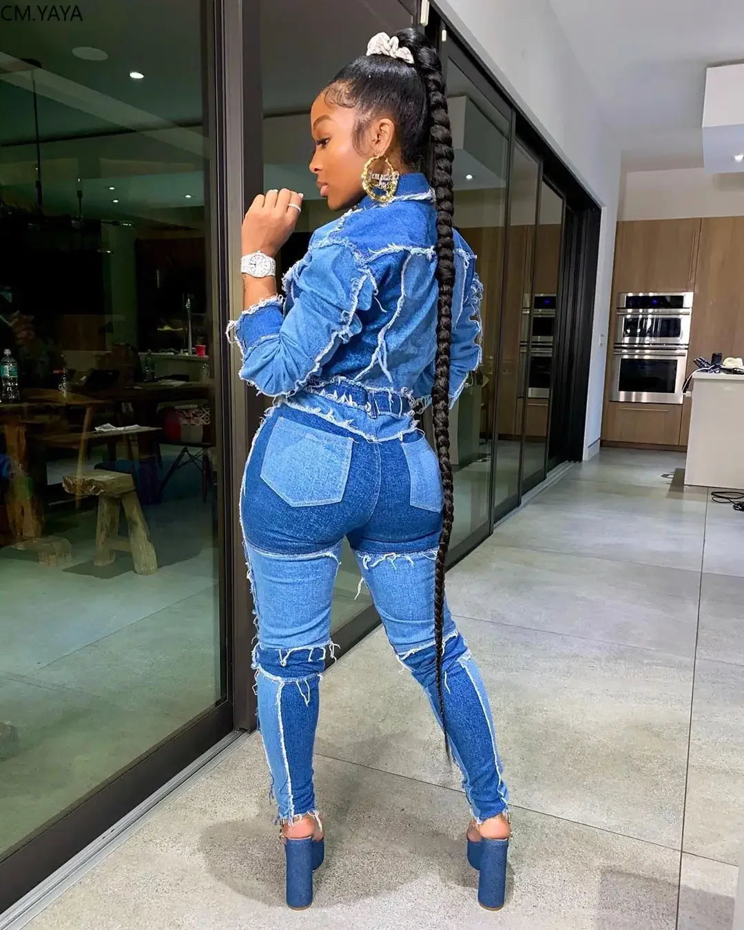 Women Streetwear Long Sleeve Button up Denim Jackets Fashion Sexy Patchwork Jeans Coat Tops