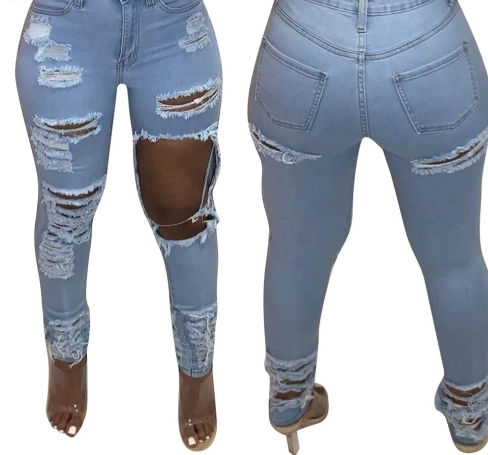 CM.YAYA Women Jeans Hole Mid Waist Elastic Sheath Full Length Pencil Denim Pants Zip Pockets Casual Fashion Trousers Summer 2021