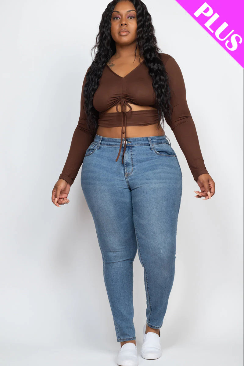 Drawstring Ruched Cutout Front Crop Top 