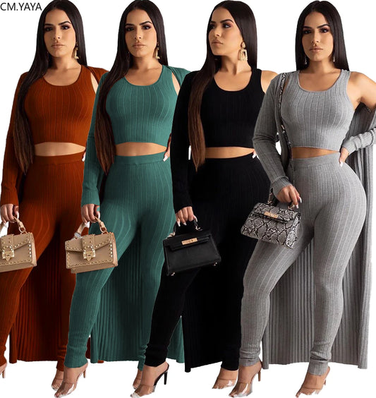 2020 New Winter Women'S Set Tank+Long Cardigan+Pants Three Pieces Sets Tracksuits Night Club Street Outfits Bandage Casual 5306