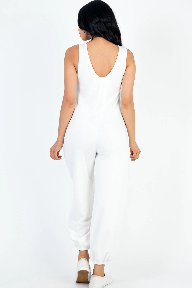 Casual Solid French Terry Sleeveless Scoop Neck Front Pocket Jumpsuit (CAPELLA)