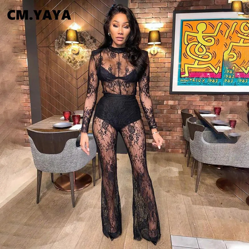 Sexy O-Neck Knitted Women Bodysuit Black Lace See-Through Tight Slim Party Nightclub Bodysuits Women Jumpsuit