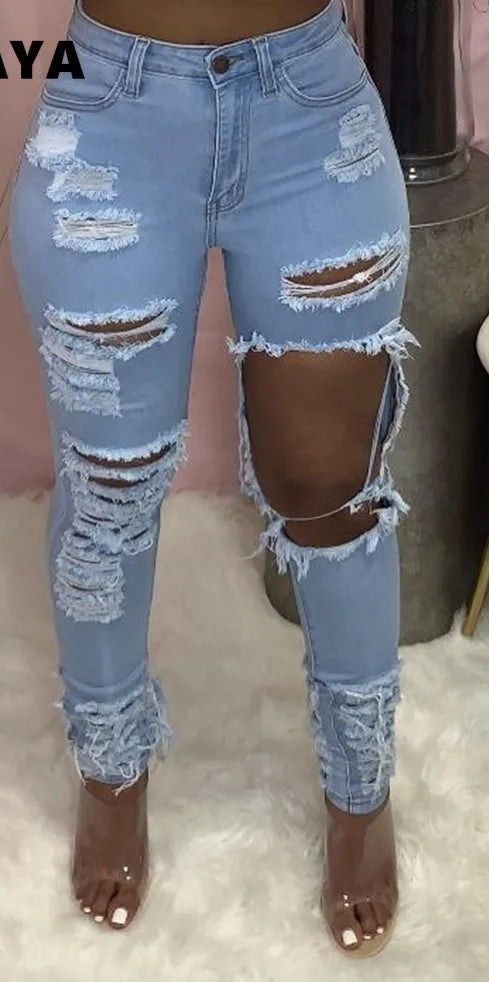 CM.YAYA Women Jeans Hole Mid Waist Elastic Sheath Full Length Pencil Denim Pants Zip Pockets Casual Fashion Trousers Summer 2021