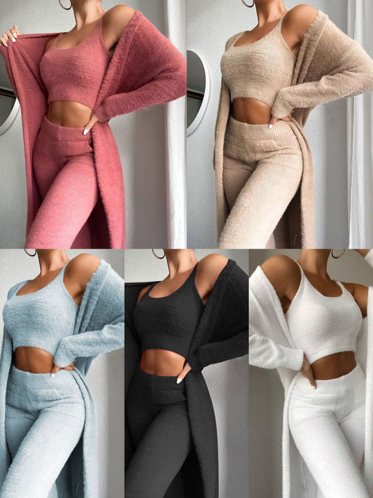 Spot shooting! 2020 European and American New Sexy V-neck Plush Short Tank Top Pants Three Piece Set for Women