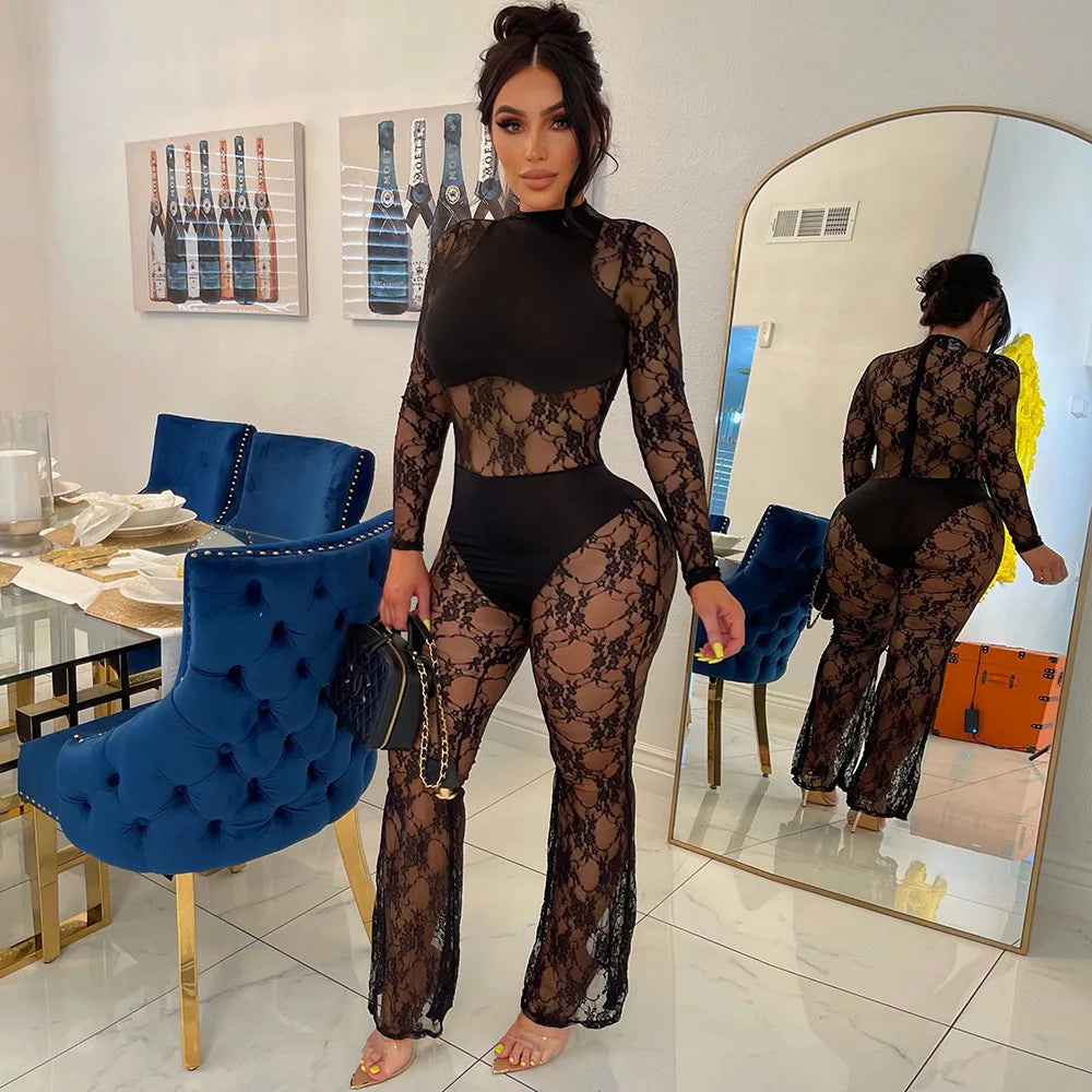 Sexy O-Neck Knitted Women Bodysuit Black Lace See-Through Tight Slim Party Nightclub Bodysuits Women Jumpsuit